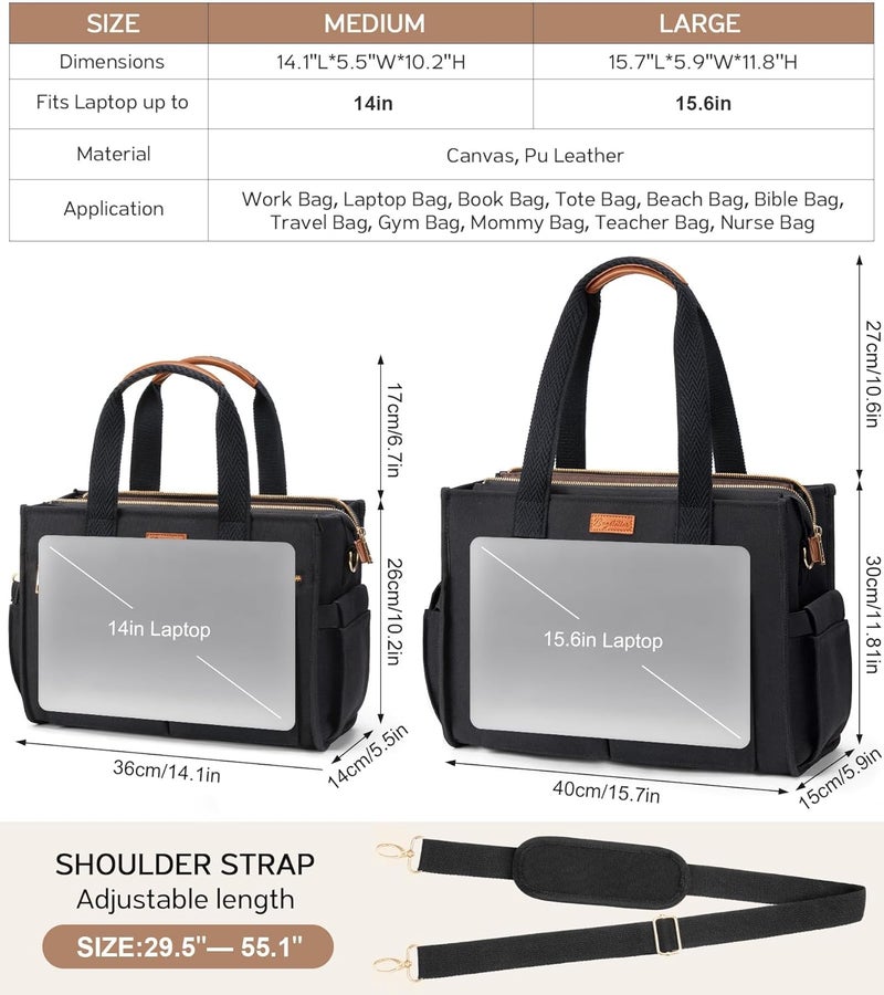 Bagstellar Canvas Tote Bag for Women, 15-Pockets Work Laptop Tote Purse Large Crossbody Nurse Teacher Bible Bag for School Travel Daily | Lightweight Canvas, Computer Laptop Bag, Two Size, Daily Bag, College Shoulder Bag, Travel Luggage Strap, Spacious, Top Zipper - Image 2